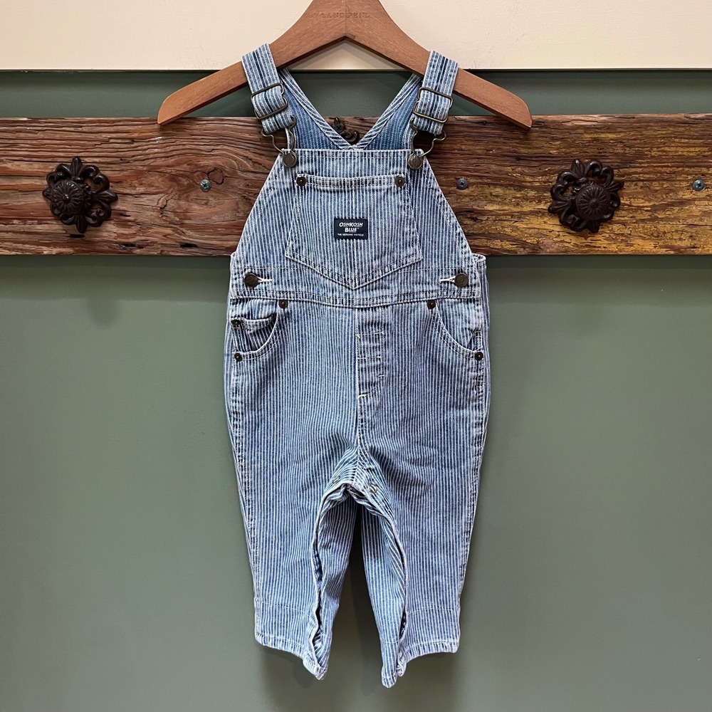 Rare Vintage OshKosh Blue Kids Railroad Stripe Bib Overalls Blue White 12 Mths
